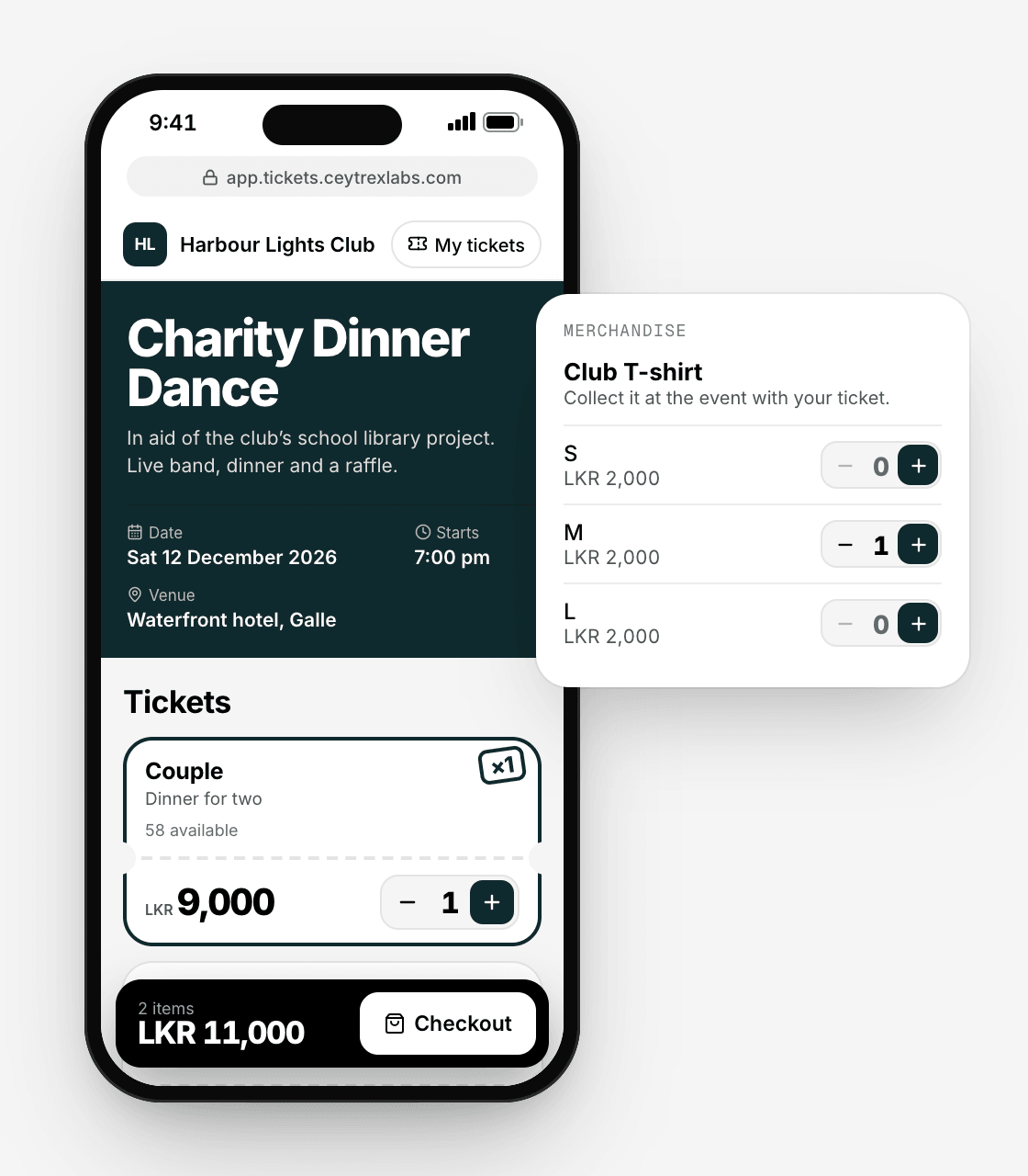 A club charity dinner dance page with couple and single tickets, and club T-shirts in sizes in the same cart
