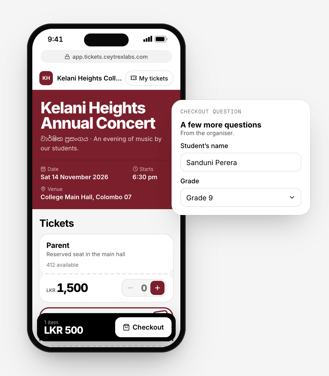A school concert page in the school’s colours with a Sinhala subtitle, and the checkout question asking for the student’s name and grade